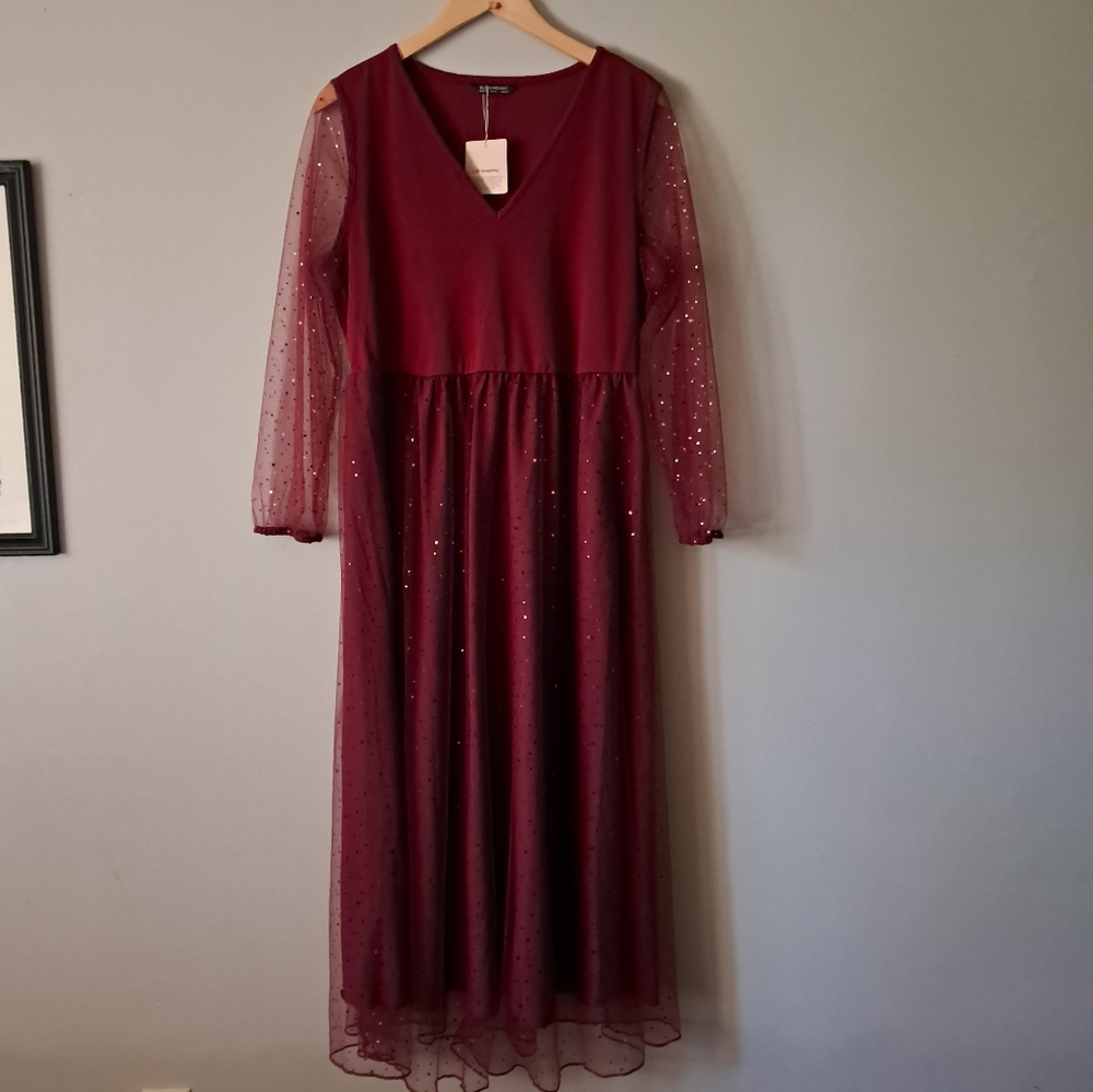 NWT Bloomchic Elegant Burgundy Maxi Dress with Sheer Sleeves Party Wedding
